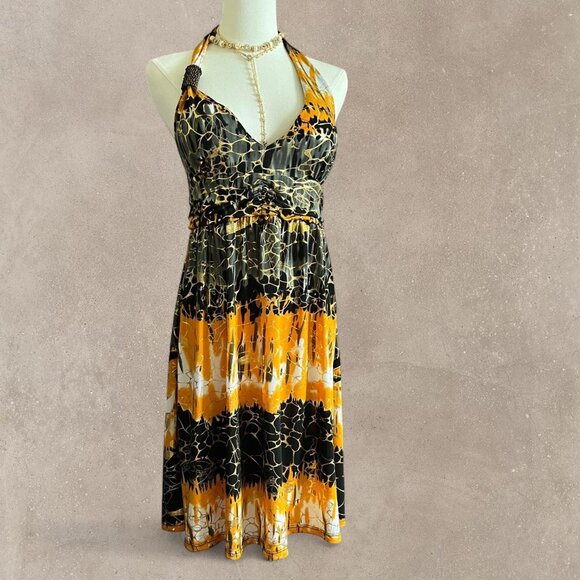 INGEAR 2000s Y2K Black and Yellow Print Halter Neck Sundress - Picture 1 of 8